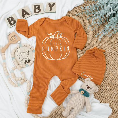 Personalized Little Pumpkin Baby Bodysuit and Hat Set with Custom Name White Minimalist Artwork Newborn Coming Home Outfit Long Sleeve Fall Gift