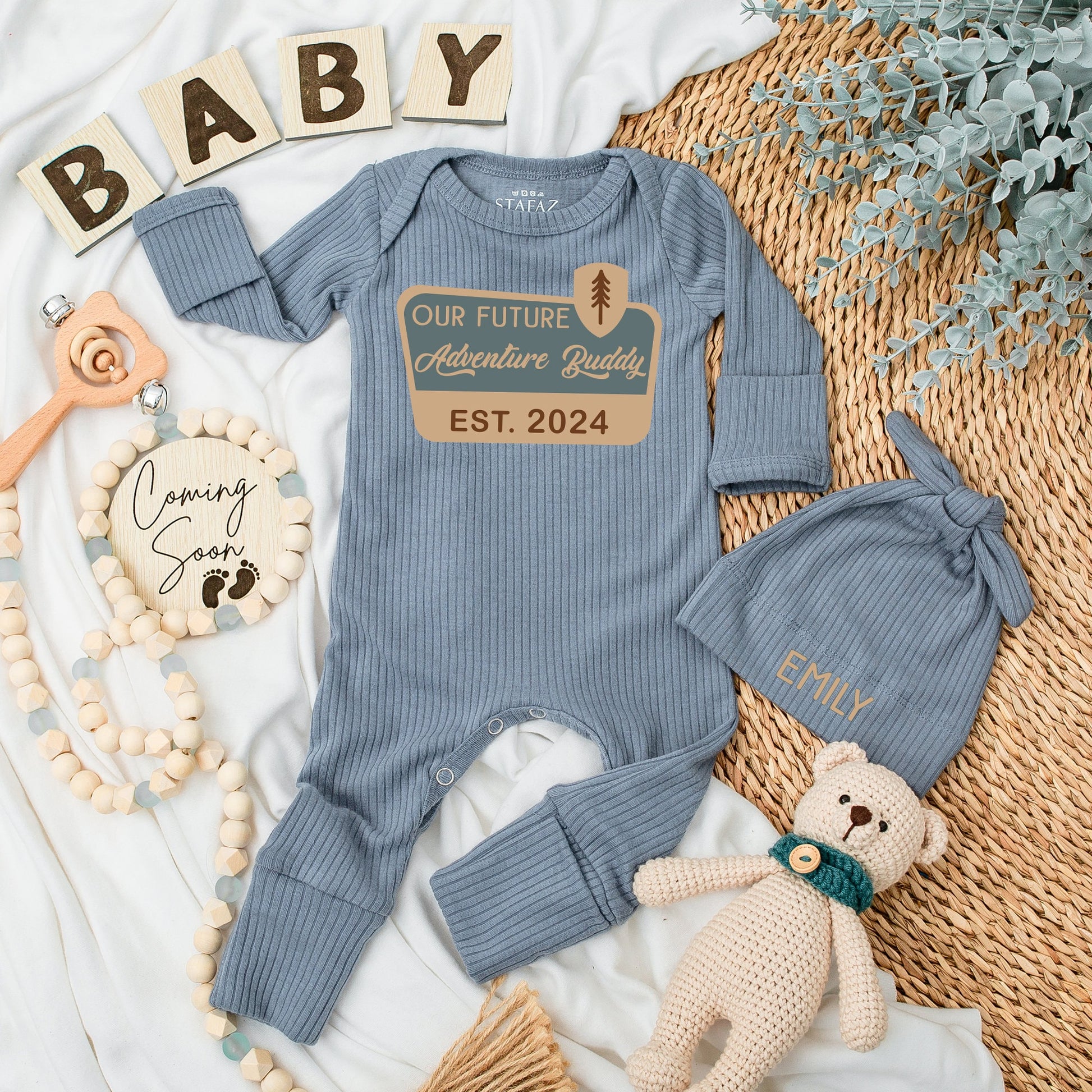 Our Future Adventure Buddy Baby Bodysuit Hat Set Infant National Park Camping Pregnancy Announcement Gift EST 2024 Wilderness Theme Gender Neutral Soft Cotton