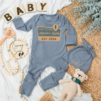 Our Future Adventure Buddy Baby Bodysuit Hat Set Infant National Park Camping Pregnancy Announcement Gift EST 2024 Wilderness Theme Gender Neutral Soft Cotton