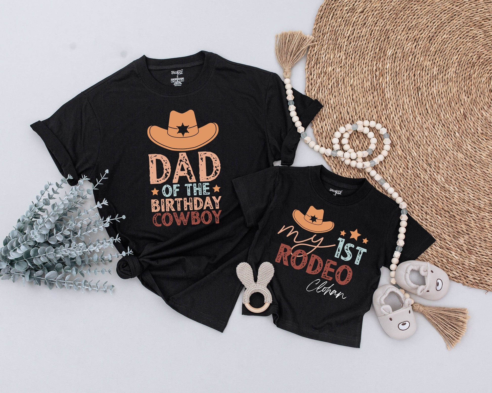 My First Rodeo Matching Family Shirts Western Cowboy Birthday Outfit with Vintage Cowboy Hat Design & Distressed Text for Mom Dad Sis