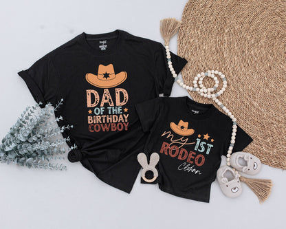 My First Rodeo Matching Family Shirts Western Cowboy Birthday Outfit with Vintage Cowboy Hat Design & Distressed Text for Mom Dad Sis