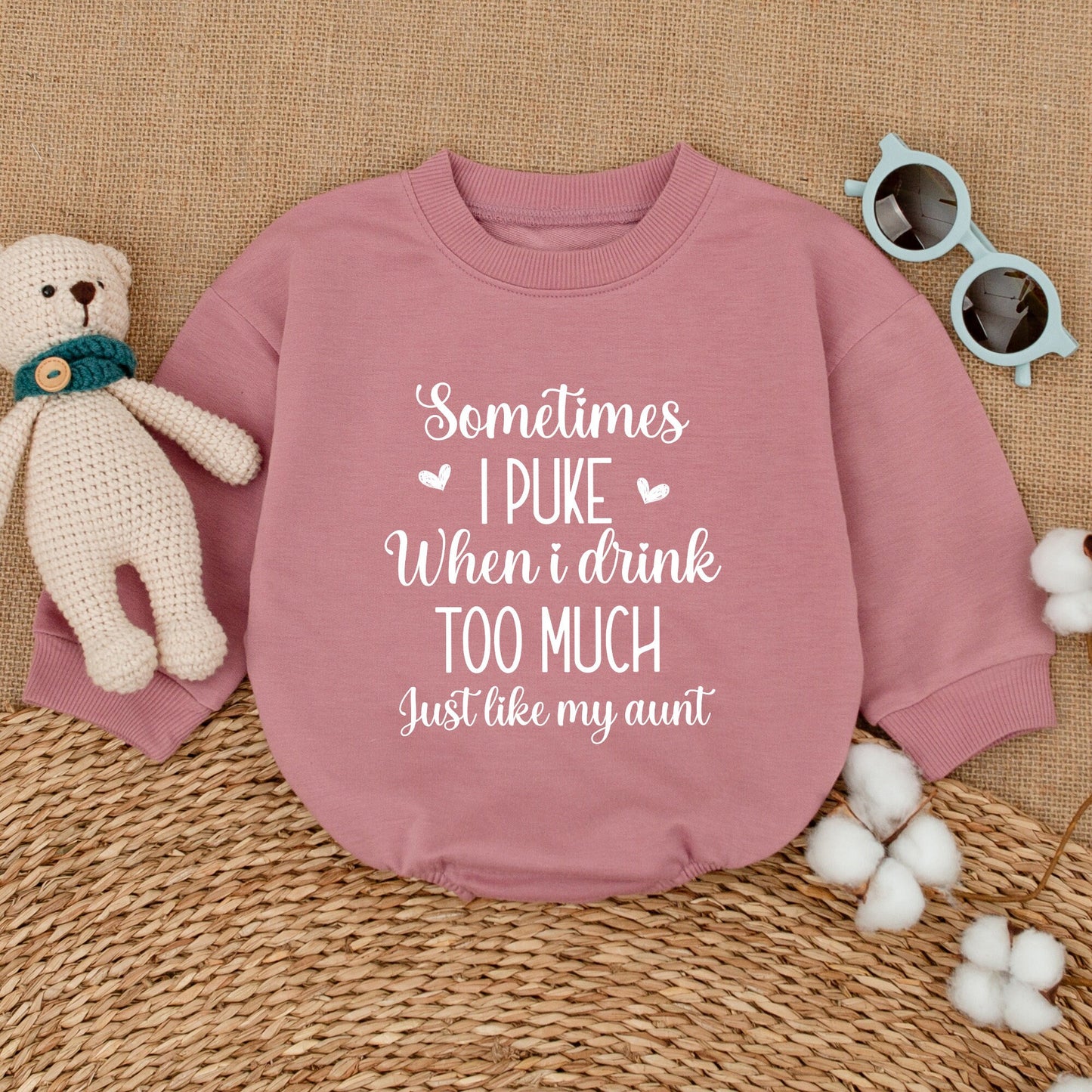 Sometimes I Puke When I Drink Too Much Just Like My Aunt Baby Bodysuit Romper Auntie's Bestie Retro Vintage Funny Infant Shower Gift Outfit