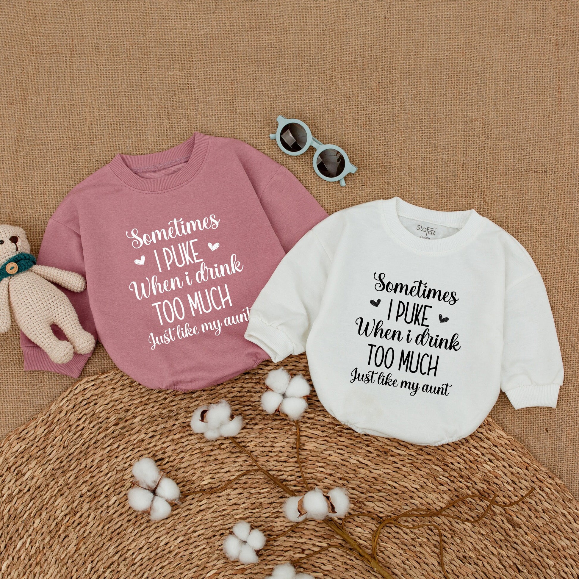 Sometimes I Puke When I Drink Too Much Just Like My Aunt Baby Bodysuit Romper Auntie's Bestie Retro Vintage Funny Infant Shower Gift Outfit