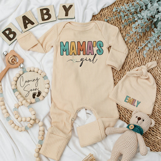Personalized Mama's Girl Baby Bodysuit and Hat Set with Emily's Name Multi-Colored Block Letter Design Long Sleeve Newborn Coming Home Baby Shower Gift