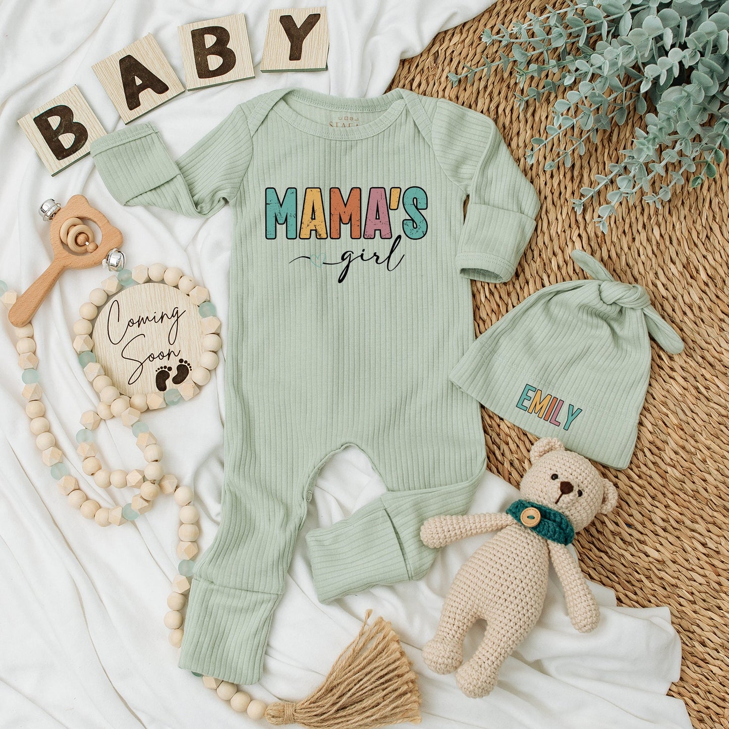 Personalized Mama's Girl Baby Bodysuit and Hat Set with Emily's Name Multi-Colored Block Letter Design Long Sleeve Newborn Coming Home Baby Shower Gift