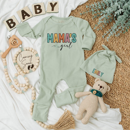 Personalized Mama's Girl Baby Bodysuit and Hat Set with Emily's Name Multi-Colored Block Letter Design Long Sleeve Newborn Coming Home Baby Shower Gift