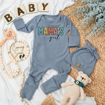 Personalized Mama's Girl Baby Bodysuit and Hat Set with Emily's Name Multi-Colored Block Letter Design Long Sleeve Newborn Coming Home Baby Shower Gift