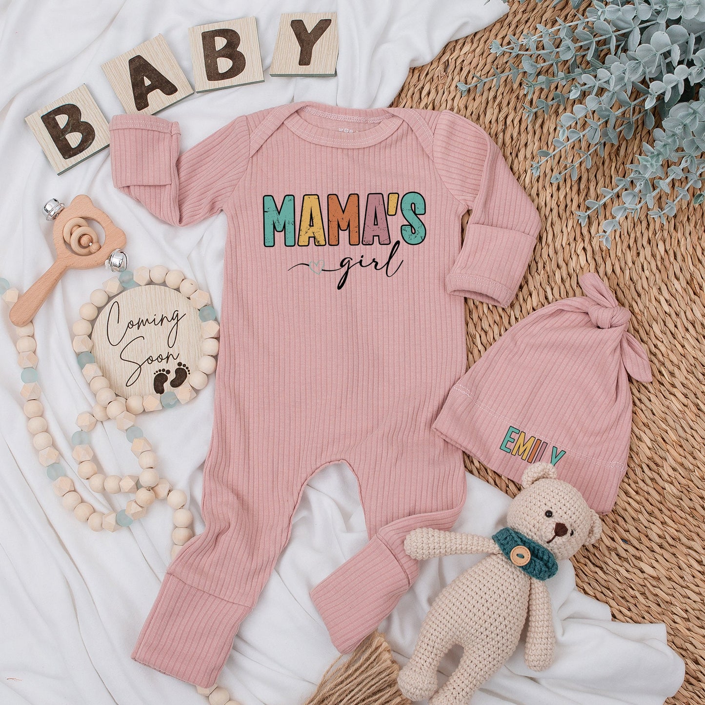 Personalized Mama's Girl Baby Bodysuit and Hat Set with Emily's Name Multi-Colored Block Letter Design Long Sleeve Newborn Coming Home Baby Shower Gift
