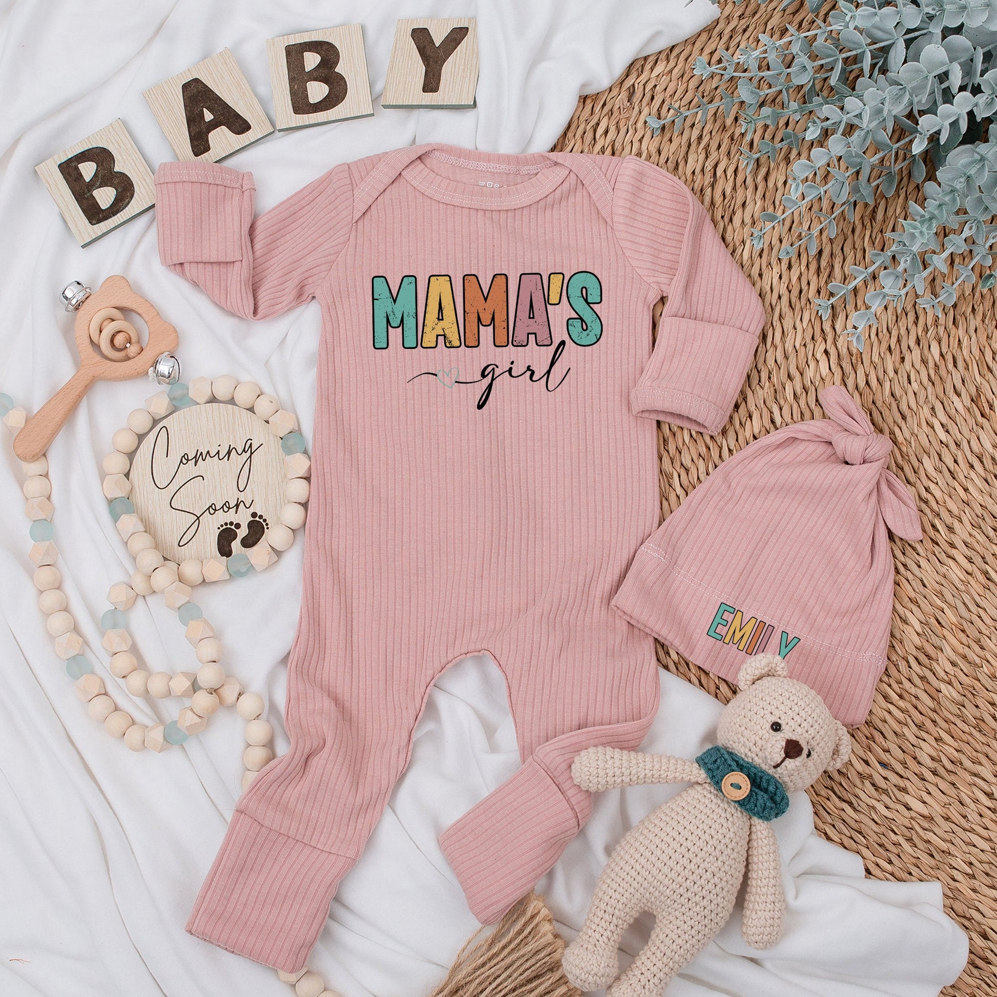 Personalized Mama's Girl Baby Bodysuit and Hat Set with Emily's Name Multi-Colored Block Letter Design Long Sleeve Newborn Coming Home Baby Shower Gift