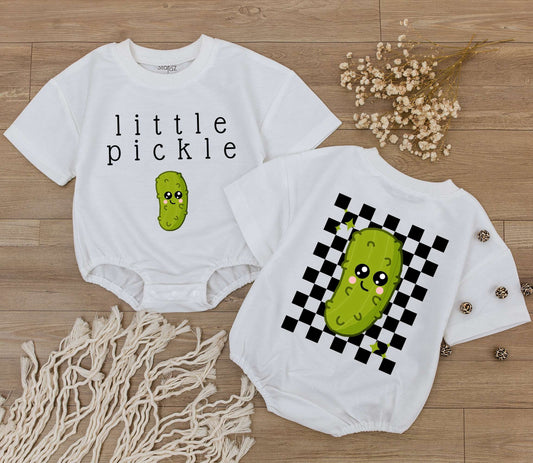 Cute Little Pickle Baby Bodysuit with Funny Green Cartoon Pickle Character and Checkered Star Design Playful Vegan Infant Jumpsuit Gift