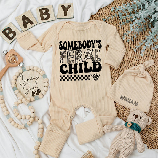 Somebody's Feral Child Baby Bodysuit and Hat Set Long Sleeve Newborn Gift Baby Shower Coming Home Outfit Black Checkered Skeleton Hand Design
