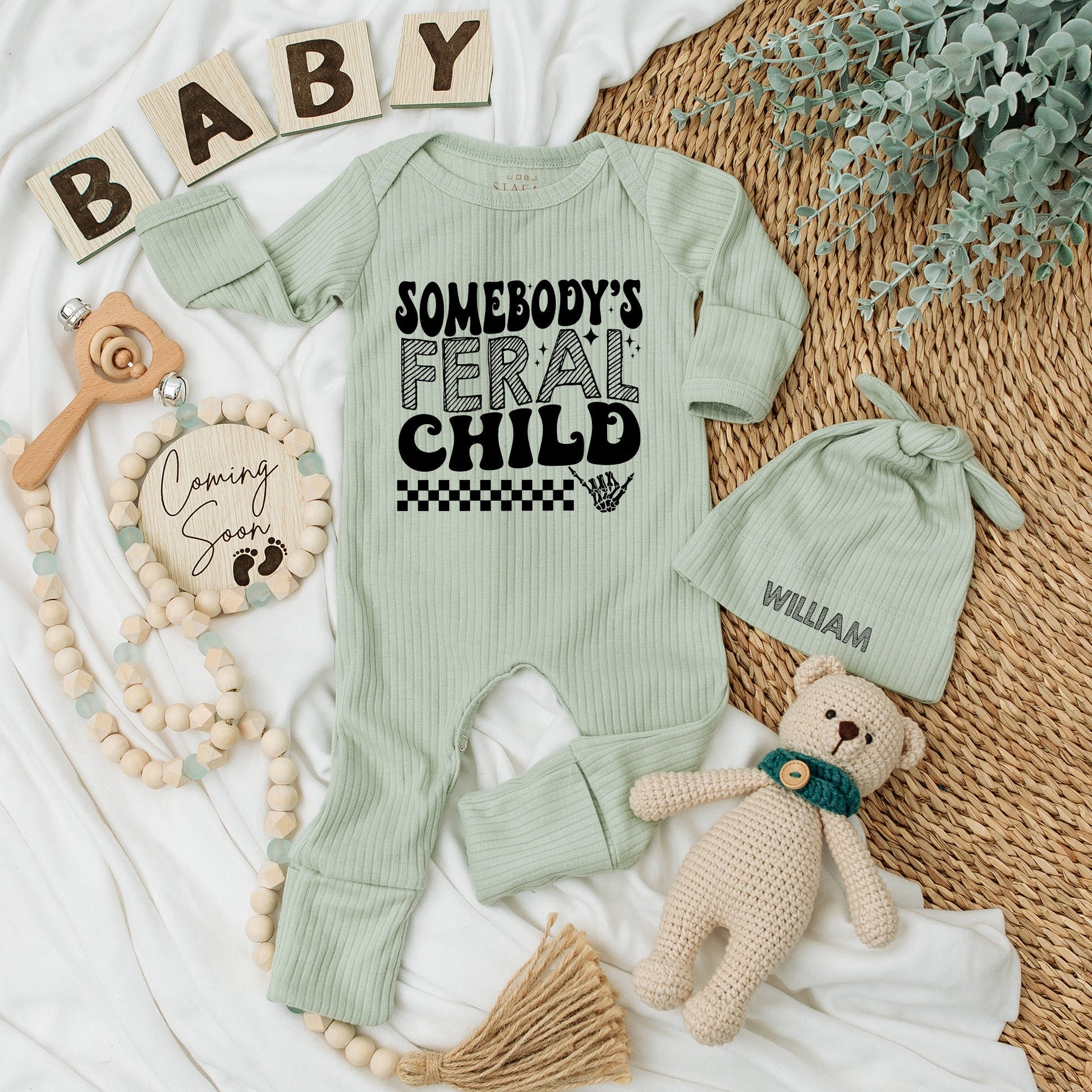 Somebody's Feral Child Baby Bodysuit and Hat Set Long Sleeve Newborn Gift Baby Shower Coming Home Outfit Black Checkered Skeleton Hand Design