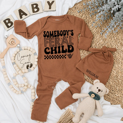 Somebody's Feral Child Baby Bodysuit and Hat Set Long Sleeve Newborn Gift Baby Shower Coming Home Outfit Black Checkered Skeleton Hand Design