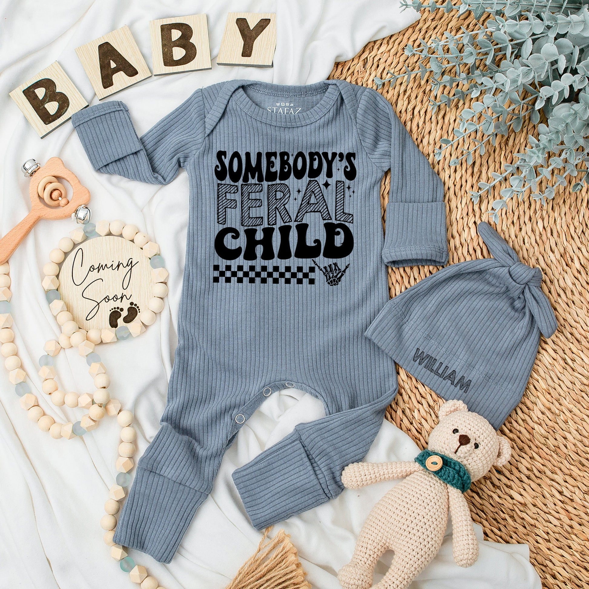 Somebody's Feral Child Baby Bodysuit and Hat Set Long Sleeve Newborn Gift Baby Shower Coming Home Outfit Black Checkered Skeleton Hand Design