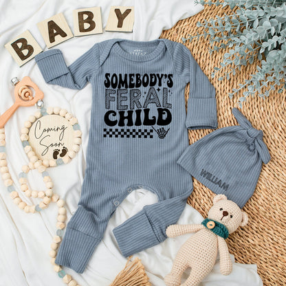 Somebody's Feral Child Baby Bodysuit and Hat Set Long Sleeve Newborn Gift Baby Shower Coming Home Outfit Black Checkered Skeleton Hand Design