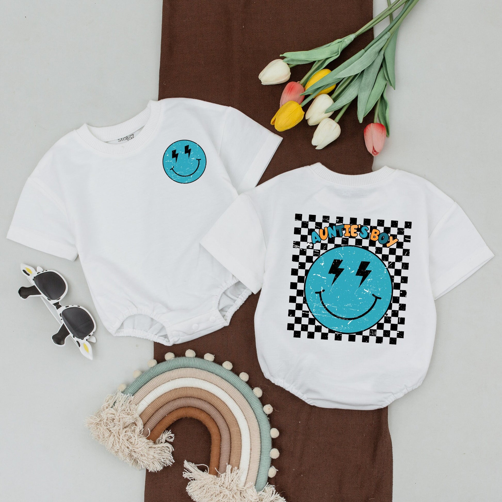 Personalized Retro Auntie's Boy Outfit Matching Auntie Nephew Shirt Turquoise Smiley Face Lightning Baby Romper Checkered Vintage Design Newborn Gift