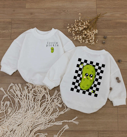 Adorable Kawaii Little Pickle Baby Romper Bodysuit Funny Jumpsuit One Piece Green Checkered Design Soft Comfortable Vegan Outfit