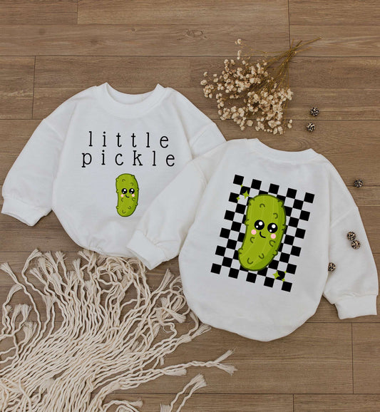 Cute Little Pickle Baby Romper Bodysuit featuring Smiling Green Cartoon Pickle and Checkerboard Design, Funny Infant Jumpsuit One Piece Vegan Gift
