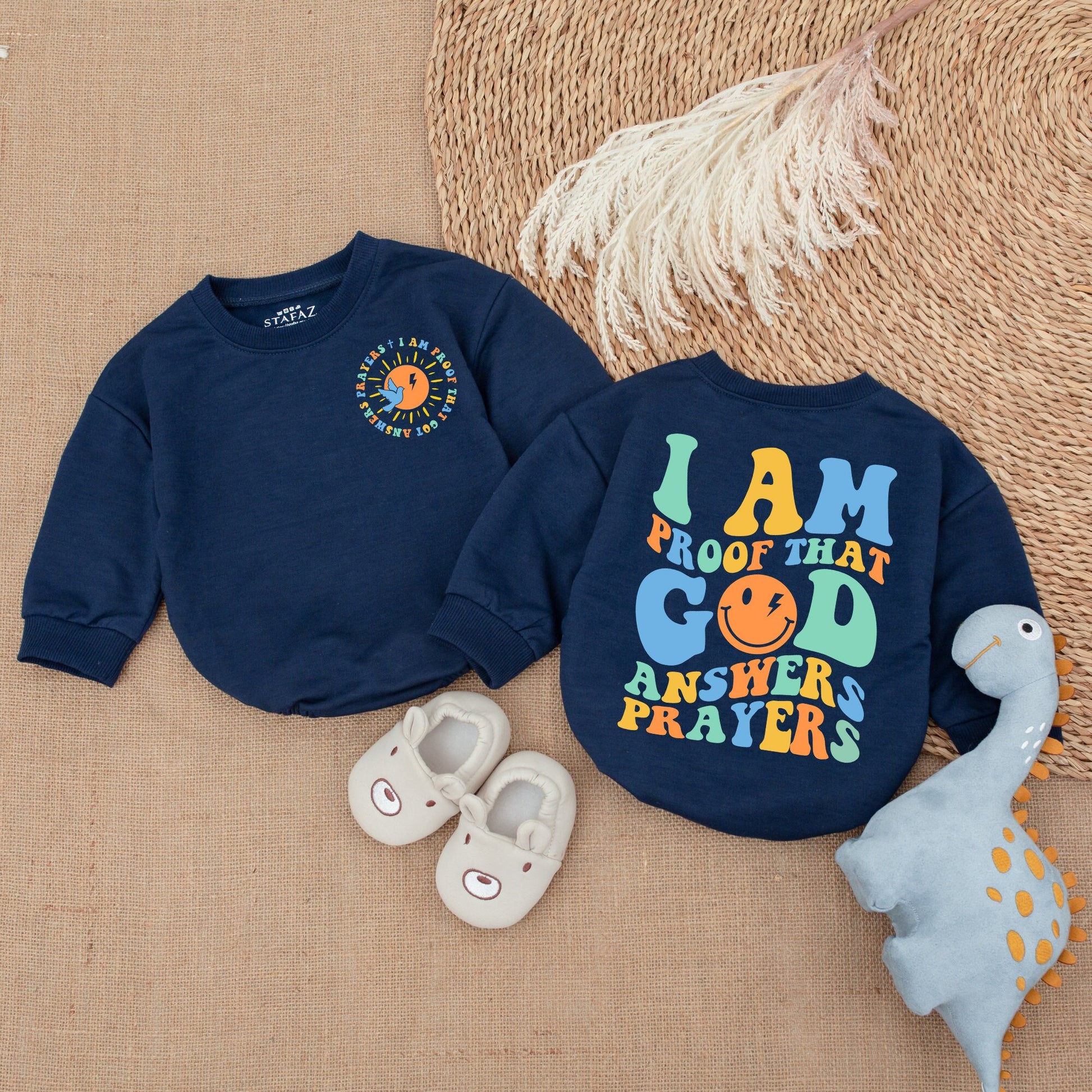 I Am Proof God Answers Prayers Baby Bodysuit Christian Gender Reveal Gift Playful Colorful Newborn Romper with Smiley Face Dove Sunshine Design