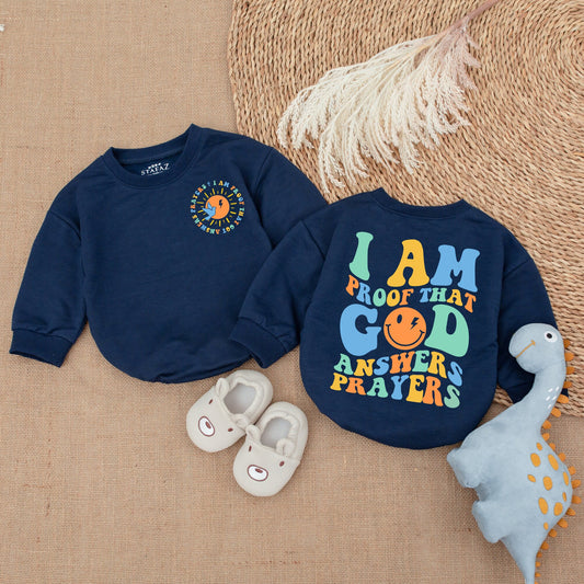 I Am Proof God Answers Prayers Baby Bodysuit Christian Gender Reveal Gift Playful Colorful Newborn Romper with Smiley Face Dove Sunshine Design