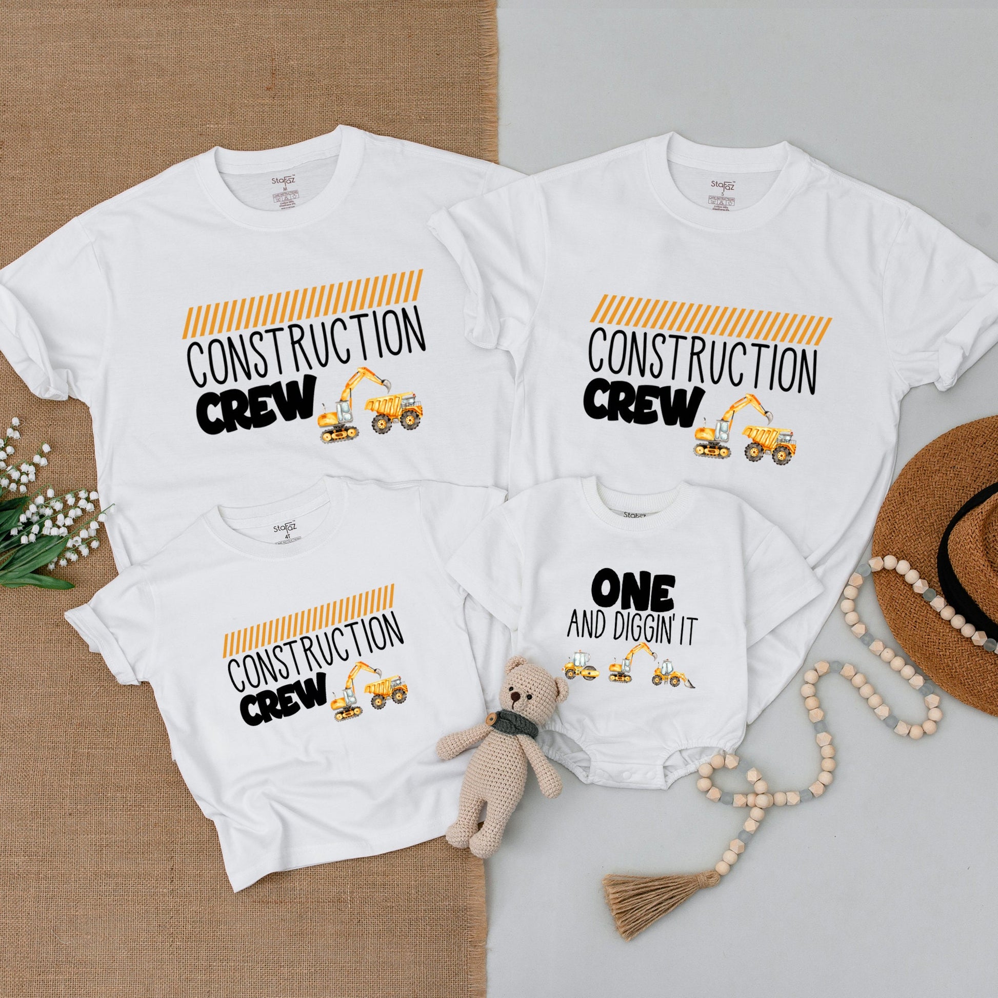 Personalized Family Construction Birthday Shirts Matching Outfit Excavator Baby Bodysuit Diggin' It Dump Truck Yellow Hazard Stripe Crew Party