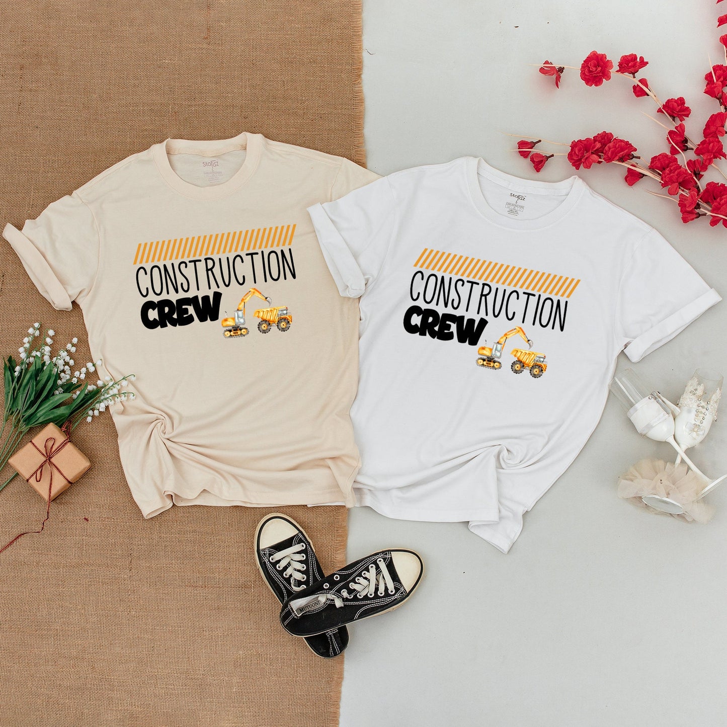 Personalized Family Construction Birthday Shirts Matching Outfit Excavator Baby Bodysuit Diggin' It Dump Truck Yellow Hazard Stripe Crew Party
