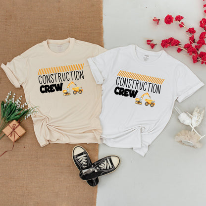 Personalized Family Construction Birthday Shirts Matching Outfit Excavator Baby Bodysuit Diggin' It Dump Truck Yellow Hazard Stripe Crew Party