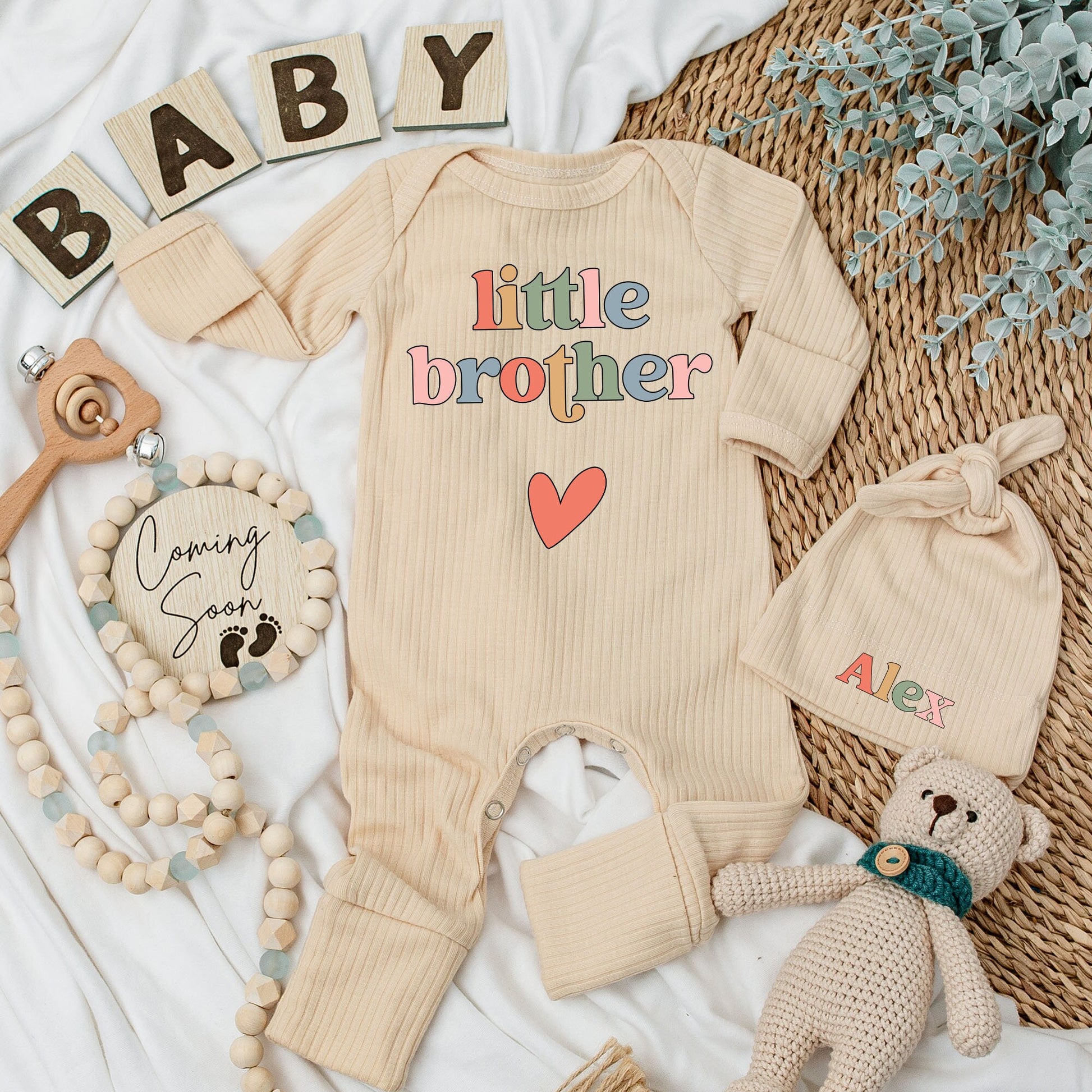 Little Brother Baby Bodysuit and Hat Set Playful Modern Unisex Newborn Outfit Colorful Letters Red Heart Design New Baby Gift