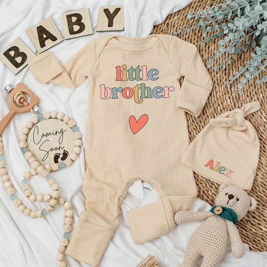 Little Brother Baby Bodysuit and Hat Set Playful Modern Unisex Newborn Outfit Colorful Letters Red Heart Design New Baby Gift