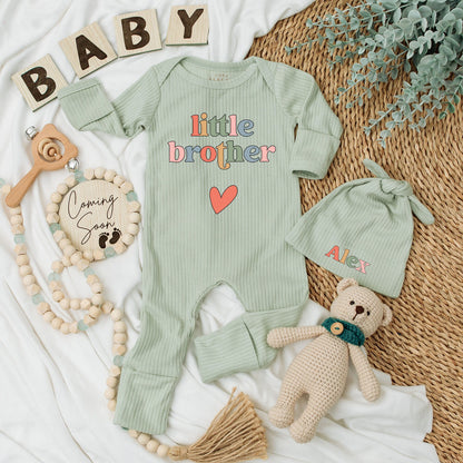 Little Brother Baby Bodysuit and Hat Set Playful Modern Unisex Newborn Outfit Colorful Letters Red Heart Design New Baby Gift