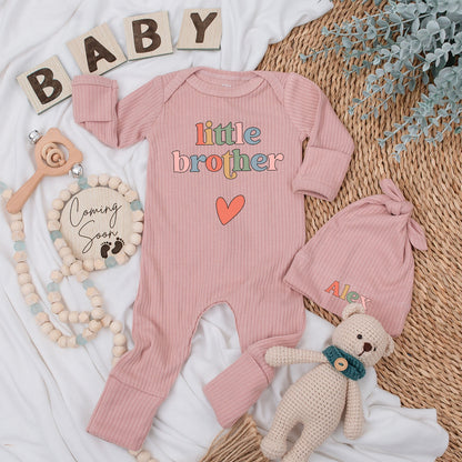 Little Brother Baby Bodysuit and Hat Set Playful Modern Unisex Newborn Outfit Colorful Letters Red Heart Design New Baby Gift