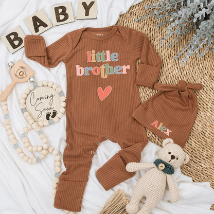 Little Brother Baby Bodysuit and Hat Set Playful Modern Unisex Newborn Outfit Colorful Letters Red Heart Design New Baby Gift