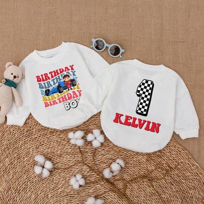 Personalized Race Car Fast One Birthday Boy Romper 1st Birthday Outfit colorful layered retro text infant baby bodysuit Cake Smash celebration gift