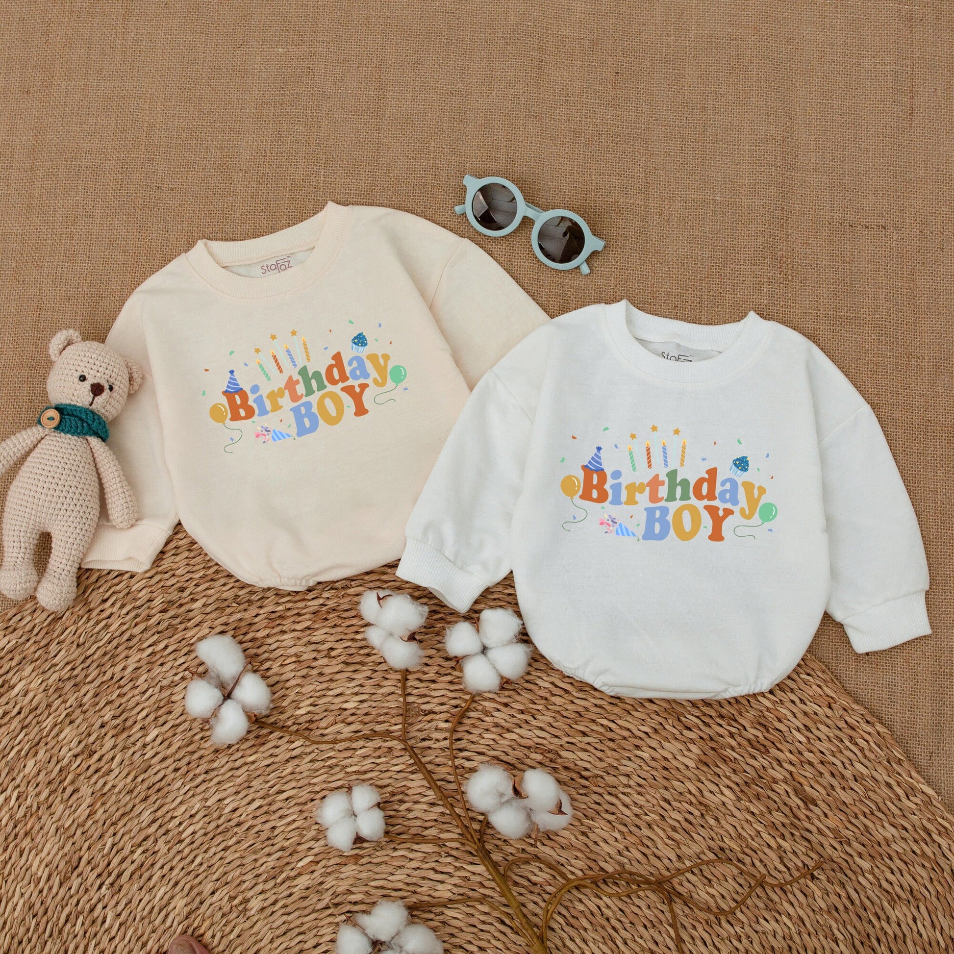 Personalized First Birthday Boy Romper Daniel's Name Bright Blue Orange Cake Smash Outfit with Confetti Candles Balloons Party Hat Design