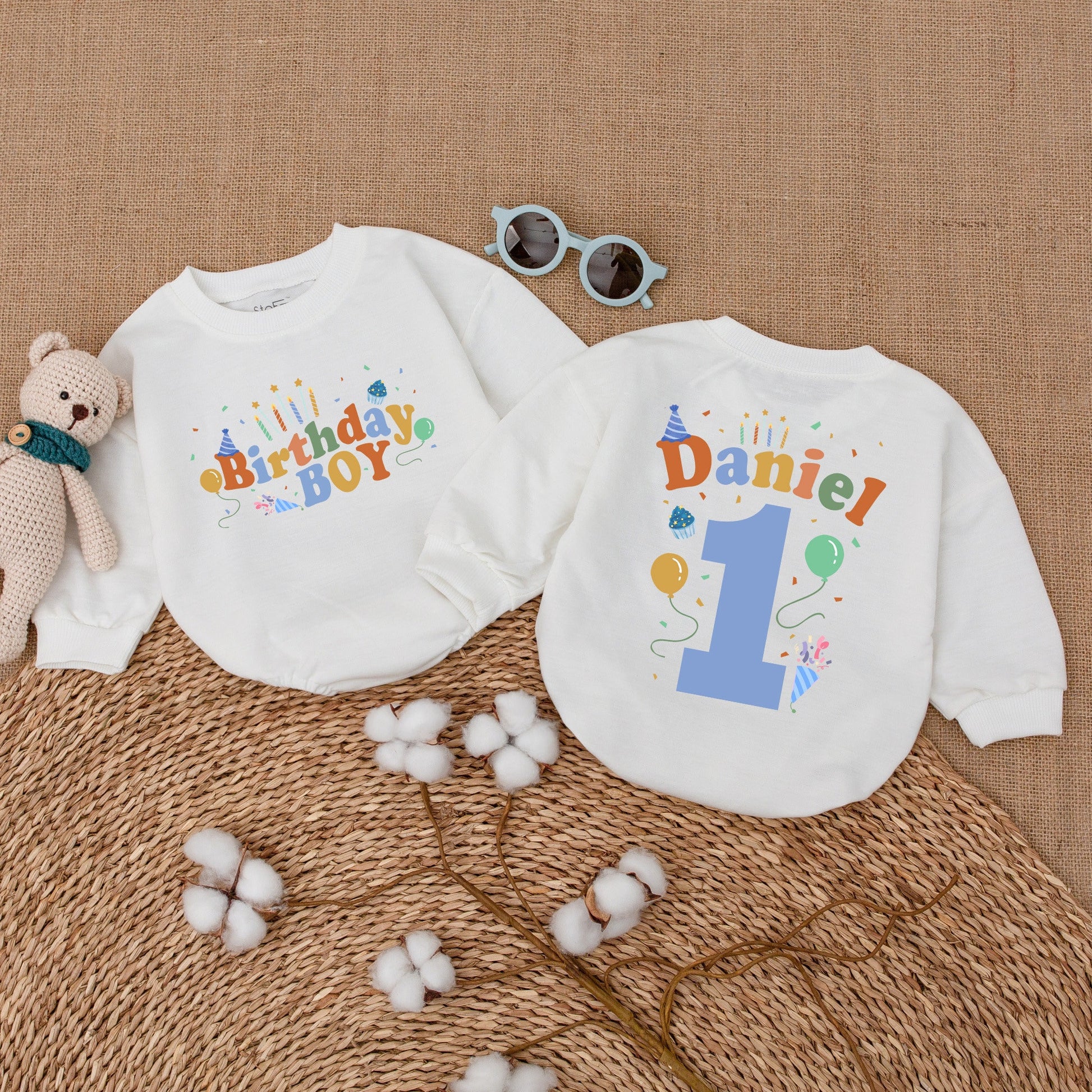 Personalized First Birthday Boy Romper Daniel's Name Bright Blue Orange Cake Smash Outfit with Confetti Candles Balloons Party Hat Design
