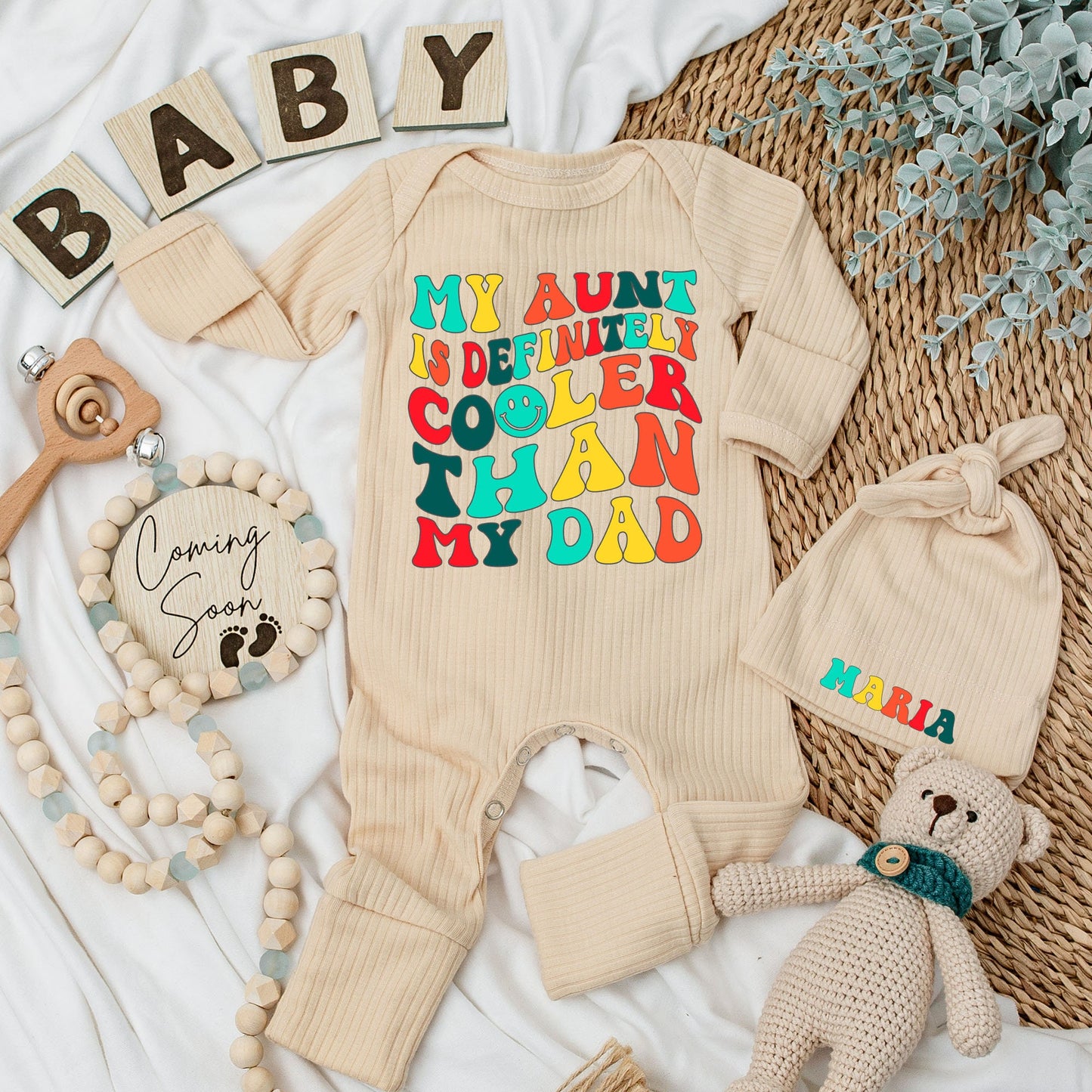 My Aunt Is Cooler Than My Dad Baby Bodysuit and Hat Set Soft Cotton Long Sleeve Newborn Romper Vintage Style Baby Shower Gift Coming Home Outfit