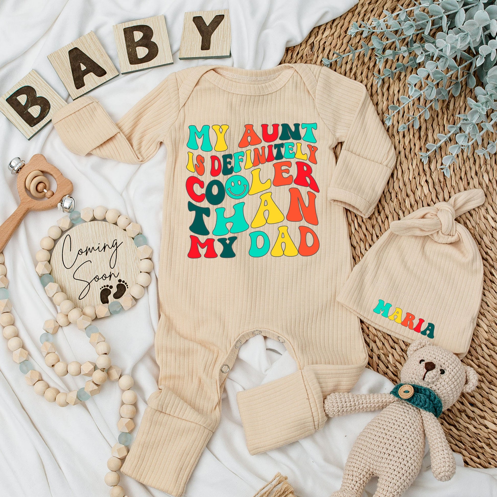 My Aunt Is Cooler Than My Dad Baby Bodysuit and Hat Set Soft Cotton Long Sleeve Newborn Romper Vintage Style Baby Shower Gift Coming Home Outfit