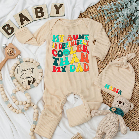 My Aunt Is Cooler Than My Dad Baby Bodysuit and Hat Set Soft Cotton Long Sleeve Newborn Romper Vintage Style Baby Shower Gift Coming Home Outfit