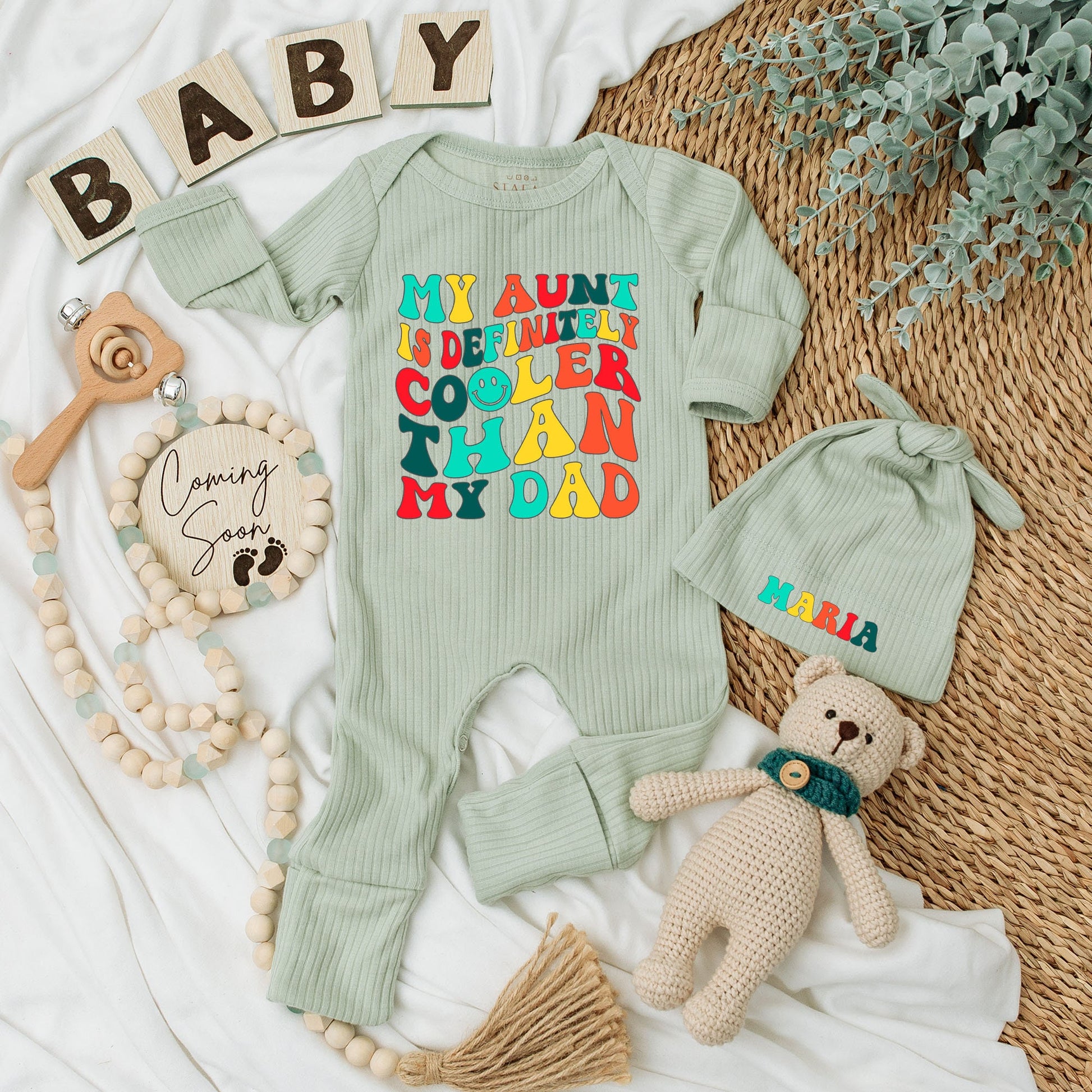My Aunt Is Cooler Than My Dad Baby Bodysuit and Hat Set Soft Cotton Long Sleeve Newborn Romper Vintage Style Baby Shower Gift Coming Home Outfit