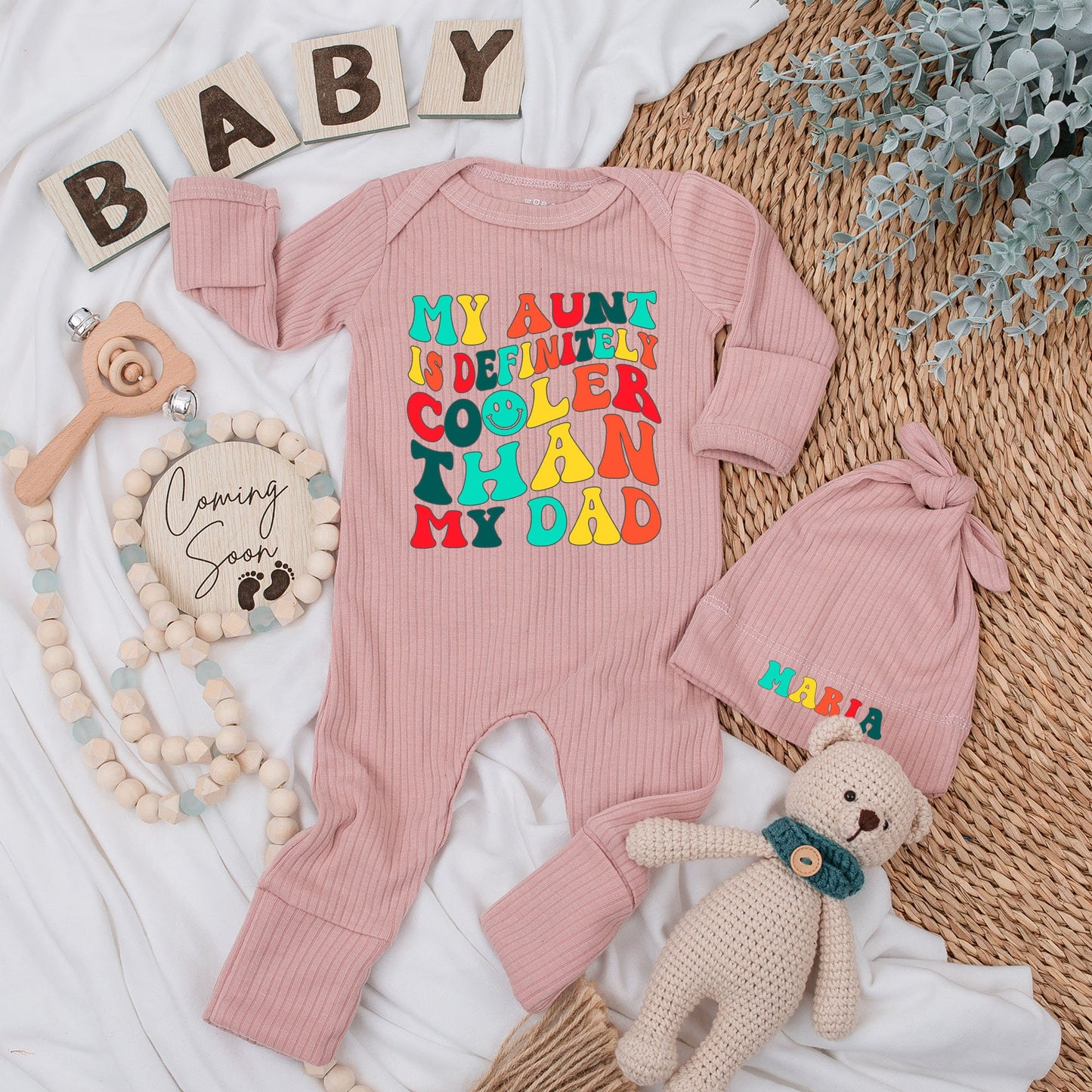 My Aunt Is Cooler Than My Dad Baby Bodysuit and Hat Set Soft Cotton Long Sleeve Newborn Romper Vintage Style Baby Shower Gift Coming Home Outfit