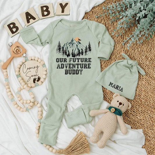 Soft Baby Bodysuit and Hat Set for Our Future Adventure Buddy National Park Camping Yellowstone Bison Pregnancy Announcement Gift