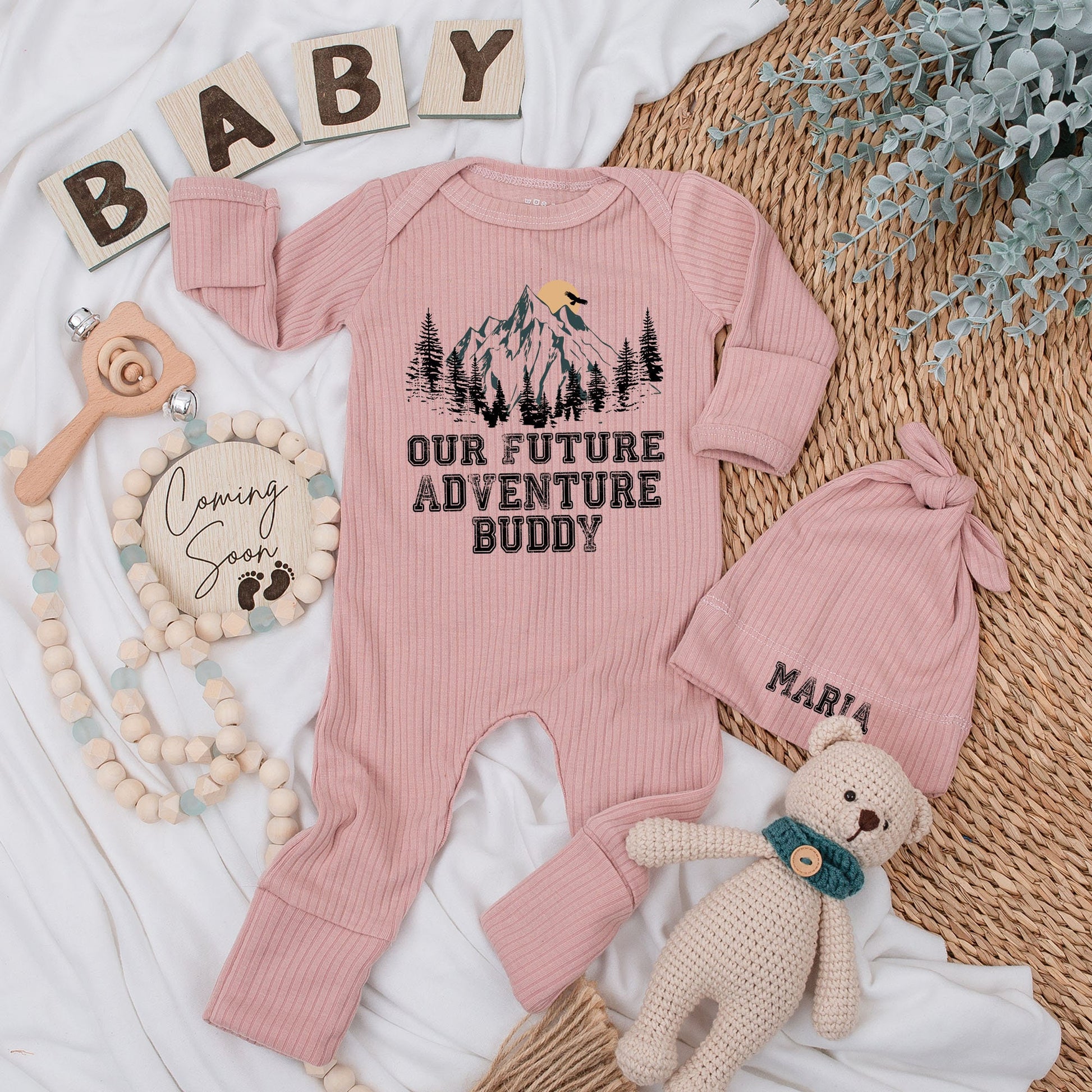 Soft Baby Bodysuit and Hat Set for Our Future Adventure Buddy National Park Camping Yellowstone Bison Pregnancy Announcement Gift