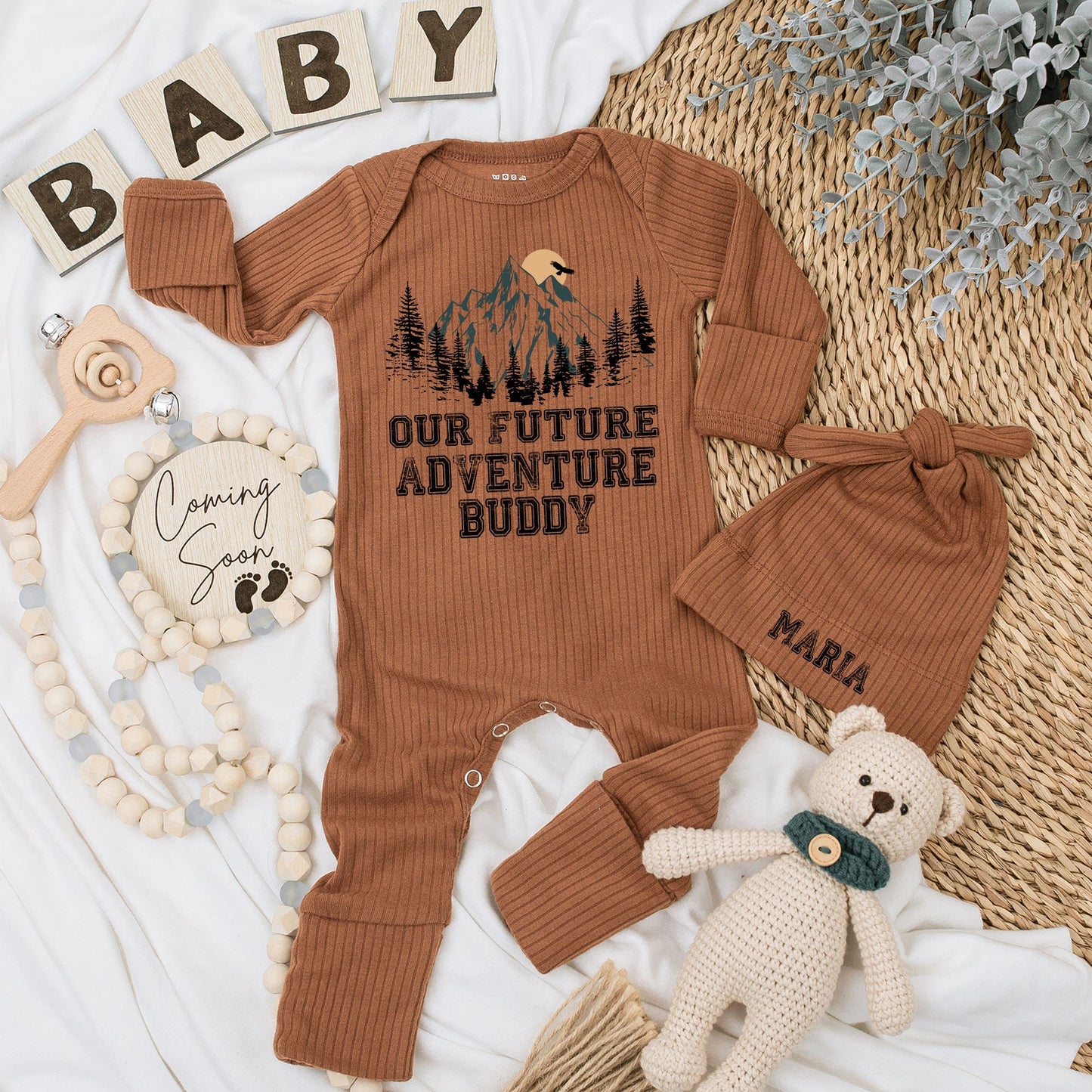 Soft Baby Bodysuit and Hat Set for Our Future Adventure Buddy National Park Camping Yellowstone Bison Pregnancy Announcement Gift