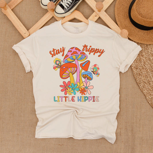 Stay Trippy Little Hippie Mushroom Shirt Retro Vintage Groovy Flower Butterfly Design Vibrant Boho Nature Lover Kids Youth Summer Apparel Soft Comfortable Cotton Tee