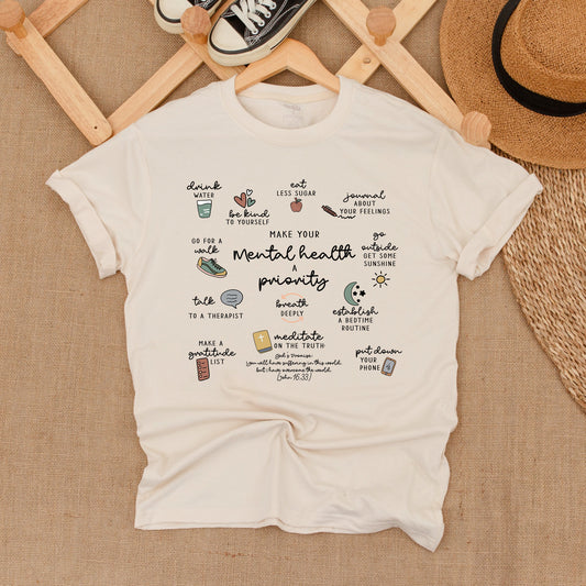 Mental Health Matters Shirt with Hand-Drawn Graphics & Positive Affirmations, Inspirational Anxiety Support Tee, Counselor Therapist Gift, BB1279