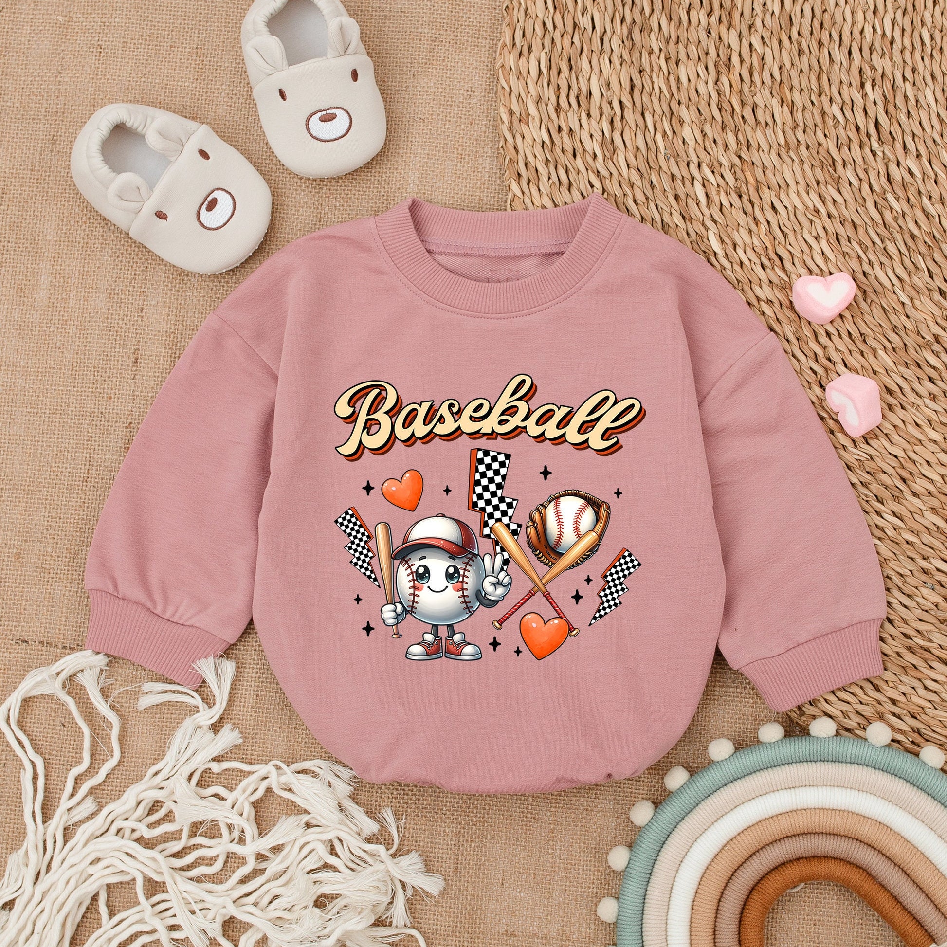 Game Day Baby Baseball Bubble Romper Fun Retro Outfit Newborn Boy Girl Soft Comfortable Orange Brown White Black Cartoon Design with Glove Bats Hearts Lightning