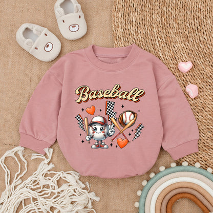 Game Day Baby Baseball Bubble Romper Fun Retro Outfit Newborn Boy Girl Soft Comfortable Orange Brown White Black Cartoon Design with Glove Bats Hearts Lightning