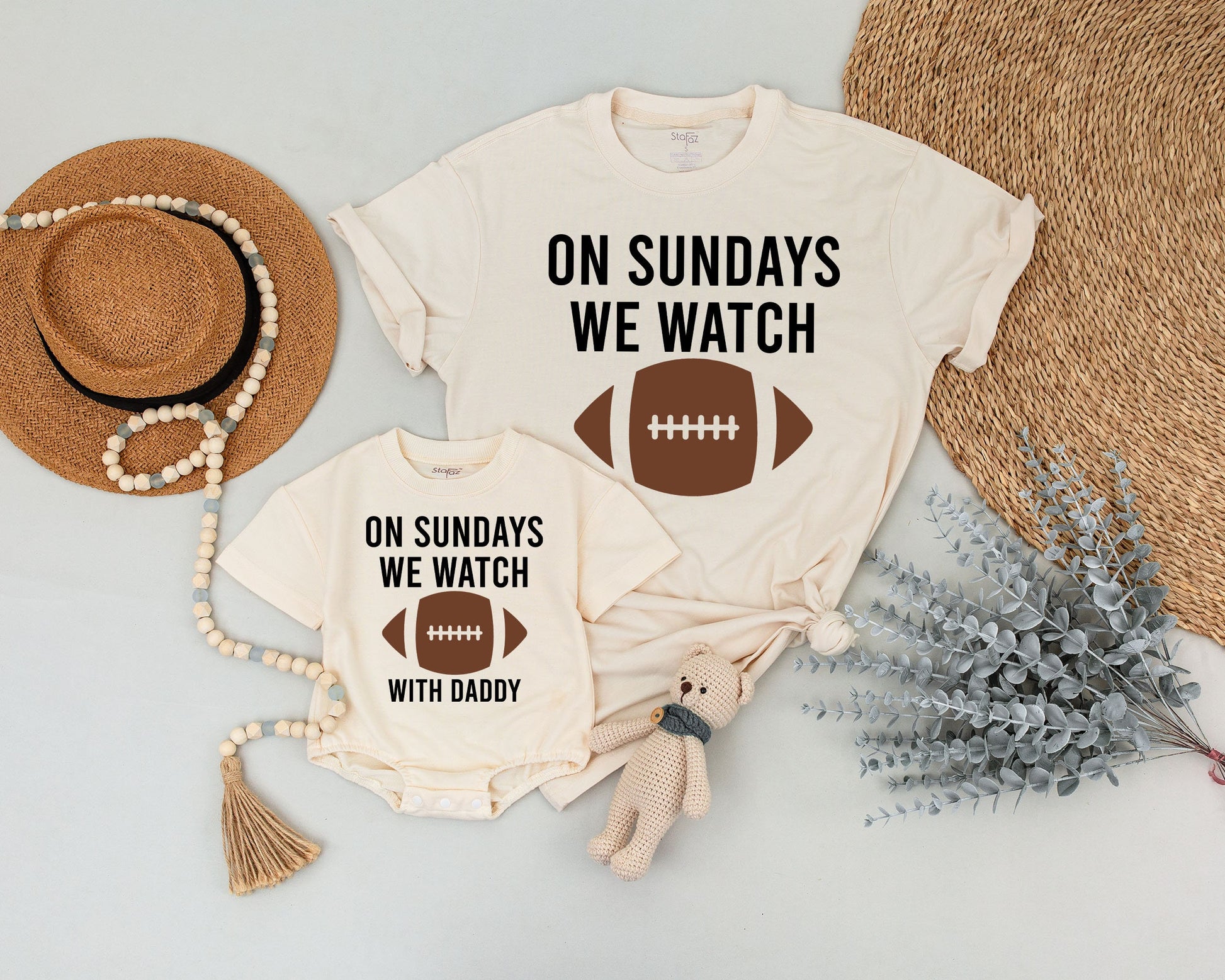 Matching Dad and Baby "On Sundays We Watch with Daddy" Football Outfit Set brown graphic Fall season baby shower gift newborn clothes.