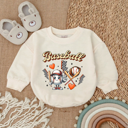 Game Day Baby Baseball Bubble Romper Fun Retro Outfit Newborn Boy Girl Soft Comfortable Orange Brown White Black Cartoon Design with Glove Bats Hearts Lightning