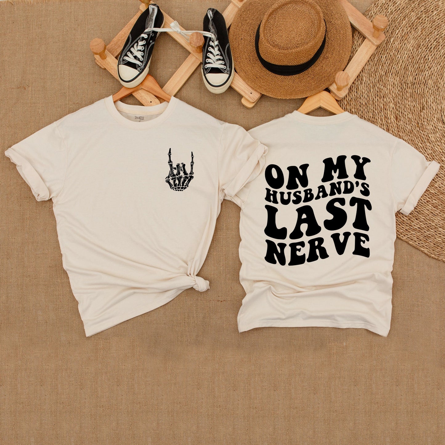 On My Husband's Last Nerve Funny Wife T-Shirt comfortable oversized beach lake tee with unique skeleton hand graphic for summer